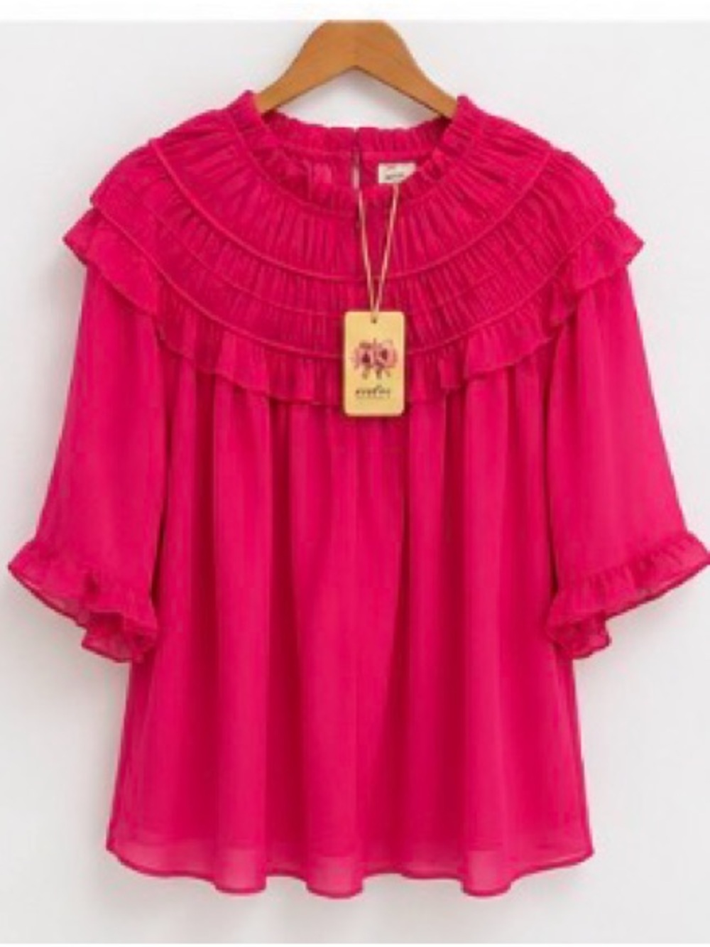 NWT Entro Hot Pink Ruffle Yoke Flutter Sleeve Blouse Medium Boutique